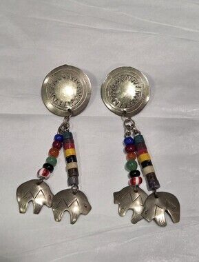 Vintage Silvertone And Beaded Southwest Bear Dangle Earrings